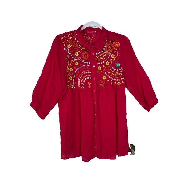 Johnny Was Tops - Johnny Was Hot Pink Floral Embroidered Button Up Blouse‎ Women's Size M